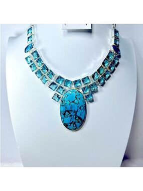 Amazing 925 Large Turquoise Blue Topaz Statement Necklace